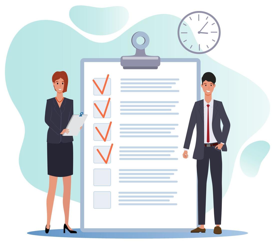 Businessmen are planning a task.List of time management tasks.People next to a large list of complete list of tasks is marked with the tasks check box.Flat illustration 13330880 Vector