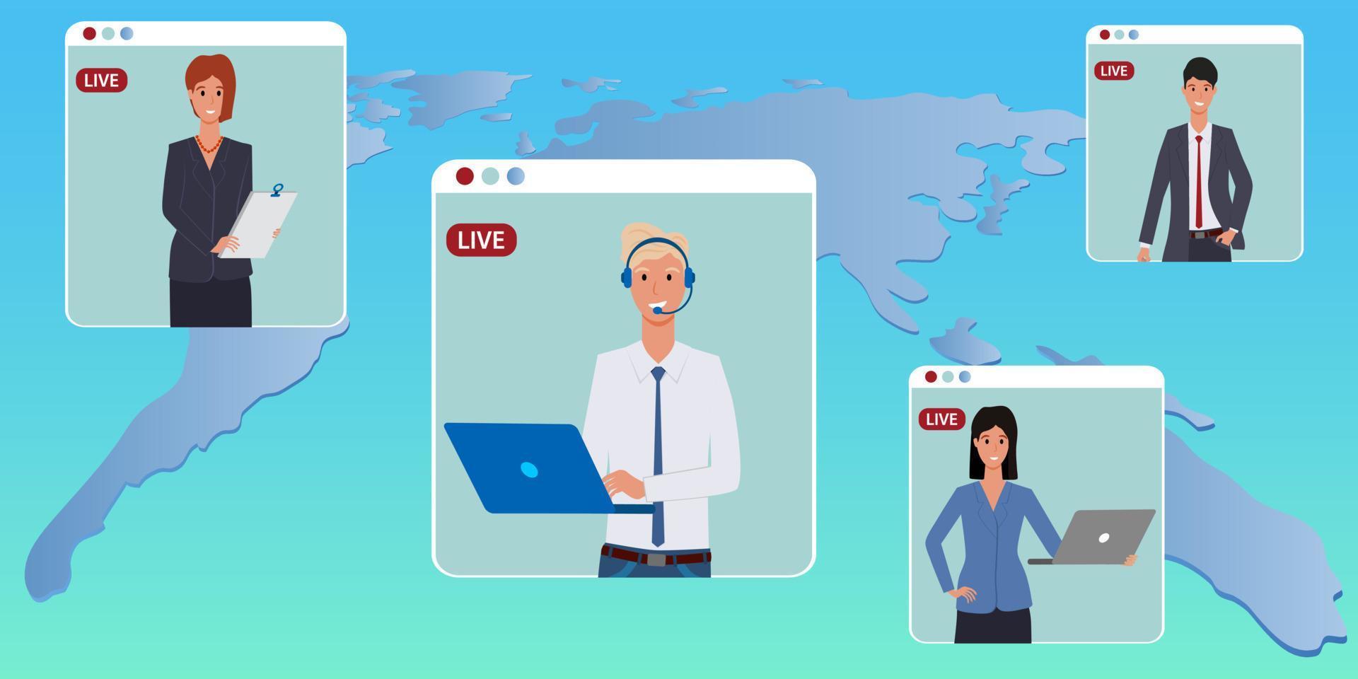 Meeting of a group of businessmen via video conference.Remote work, freelance,online training.Social distancing in terms of quarantine.Modern online technology.Flat vector illustration.