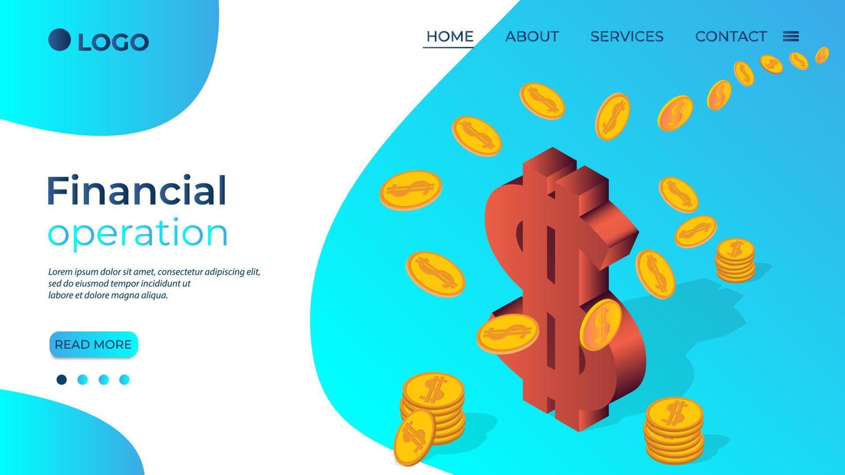 Financial operation.Dollar symbol and flying coins.The concept of entrepreneurial activity and financial investments.Isometric vector illustration.The template of the landing page.