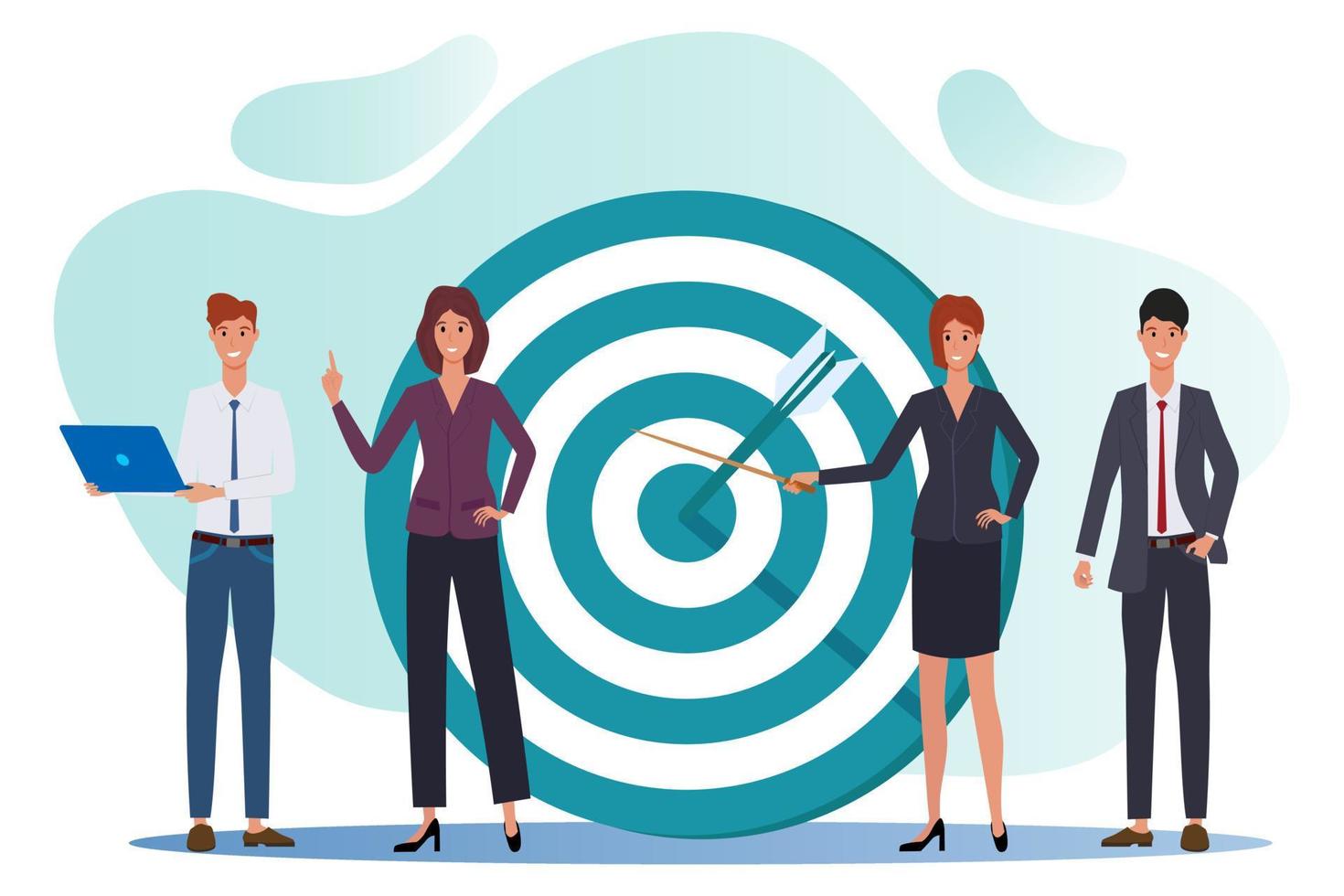 Businessmen discuss tasks and goals.People near the target with an arrow.A team that achieves a goal.The development objectives of the new project.Teamwork successful goals.Flat vector illustration .