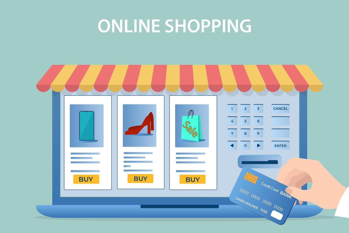 Online store.People use a credit card to make purchases in an online store.The concept of online trading.Flat vector illustration.