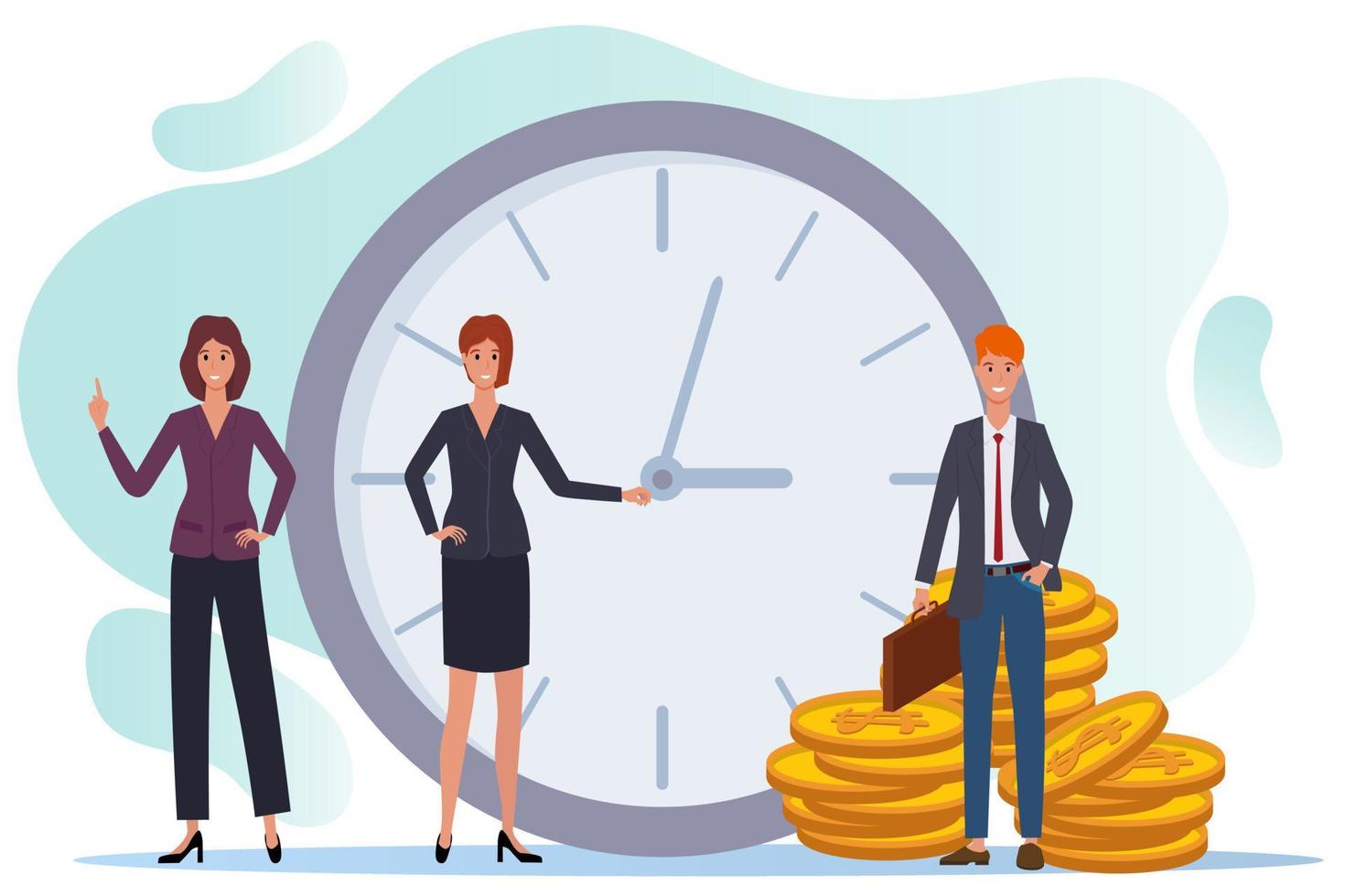 Deadline.People distribute tasks and check them against the clock.Time management and teamwork.People on the background of large watches and coins.Flat vector illustration