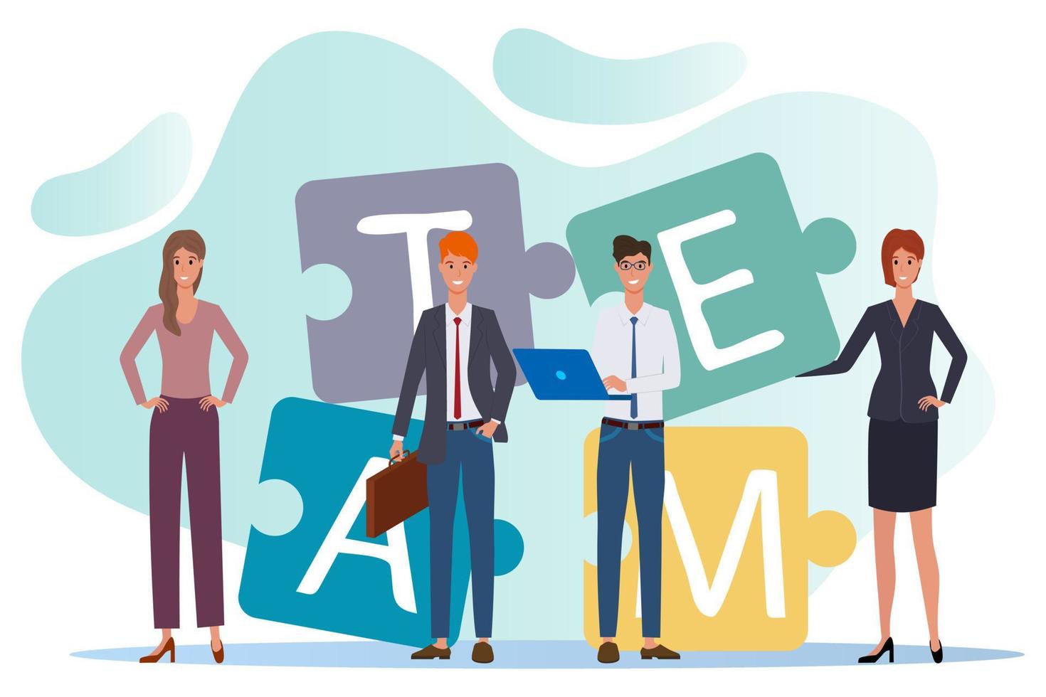 Team,teamwork.People stand against the background of the puzzle elements.The concept of partnership, cooperation and business activity.Flat vector illustration isolated on a white background.