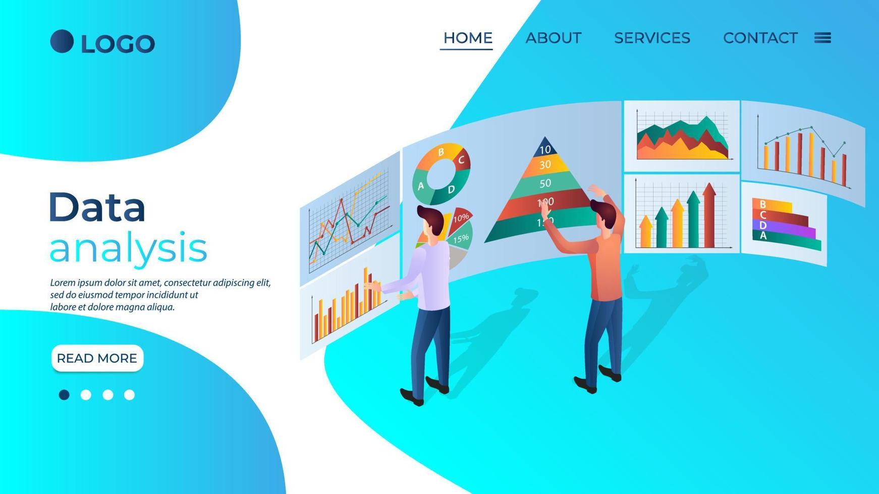 Data analysis.Business people who study and analyze data.The concept of collaboration and analytical thinking.Flat vector illustration.The template of the landing page.