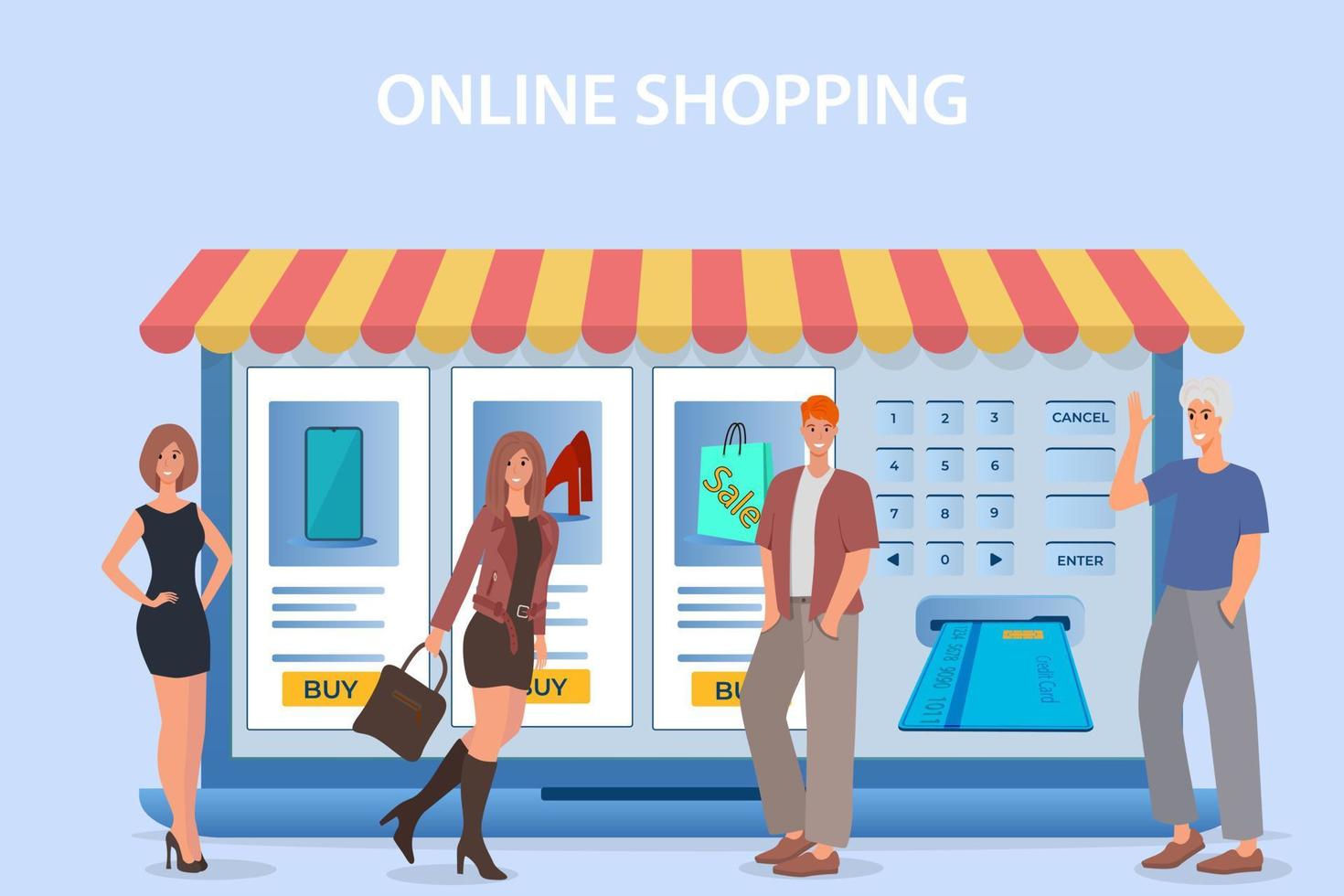 Online stores and electronic payment via the terminal.People make purchases in an online store.The concept of online trading and electronic payments.Flat vector illustration.