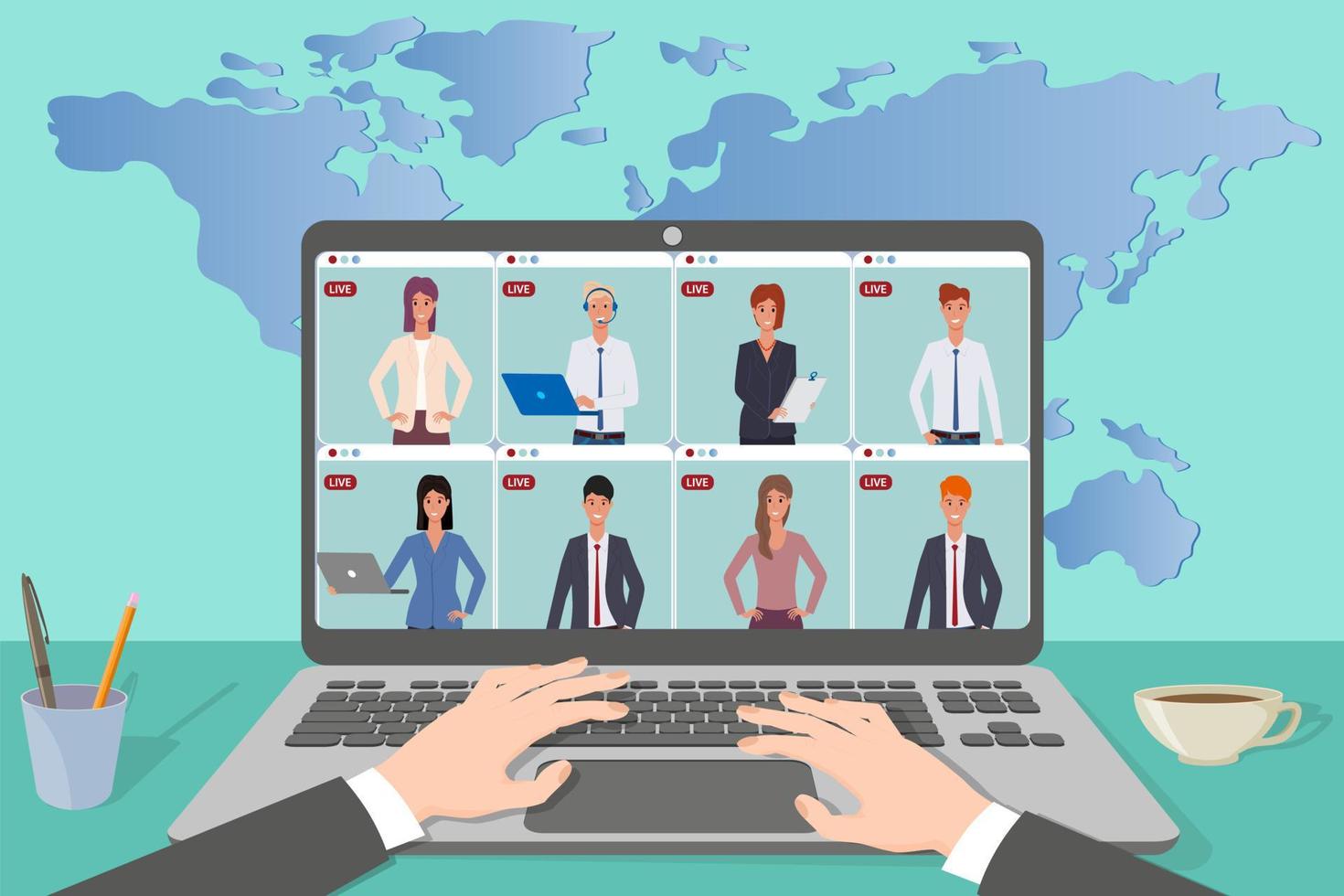 Online video conference.The boss holds a meeting with employees.Remote work, freelance,online education using a laptop.Concept of development of modern technologies.Flat vector illustration.