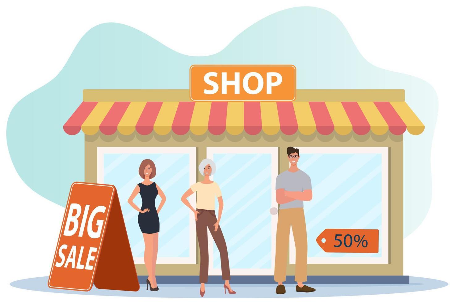 People came to the store for a big sale.Black Friday and big discounts.Attracting clients and training staff .Flat vector illustration.