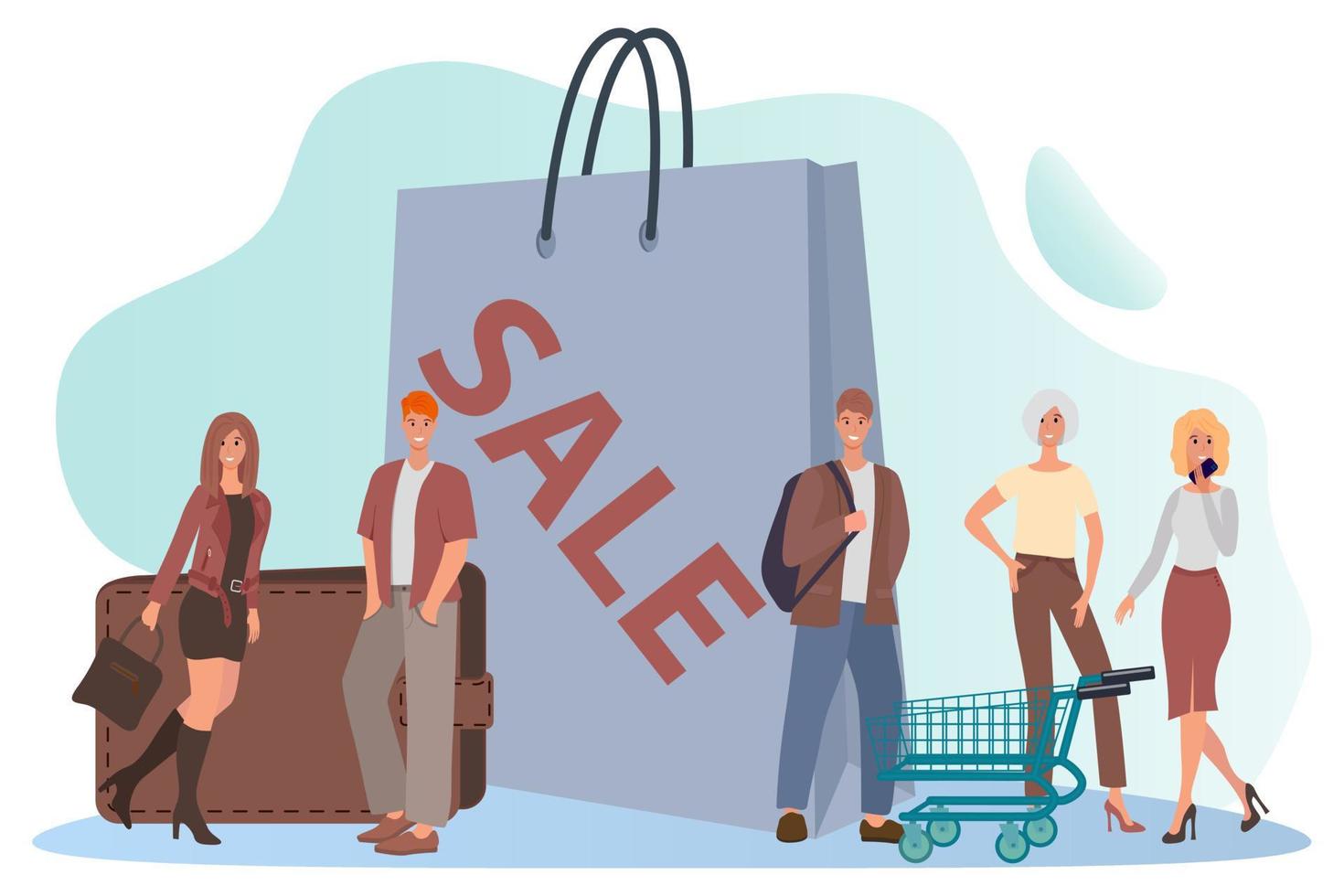 Young people rush to the sale.Discounts and discount coupons large package and wallet as a symbol of retail.Flat vector illustration.