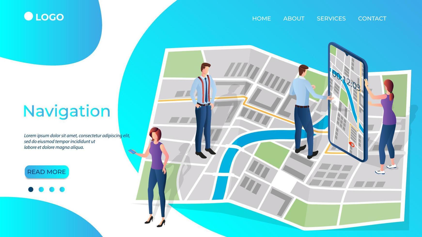 People work with maps and a smartphone with a GPS Navigator.The concept of modern technologies when using navigation.Isometric vector illustration.The template of the landing page.