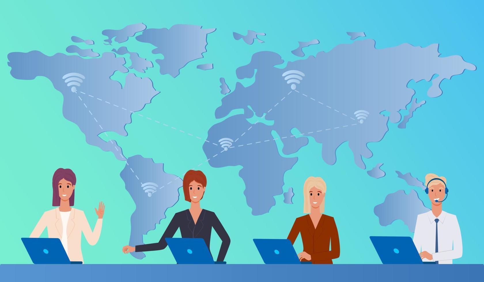 Global video communication.Using the world of Internet communications.Remote communication, video conferencing, telecommuting freelance and online meetings.People on the background of the earth map. vector