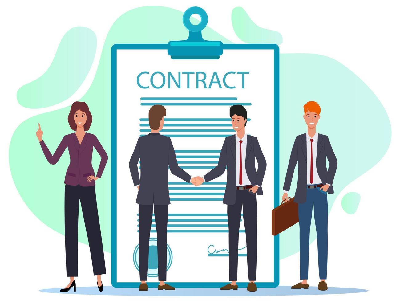Young businessmen agree to sign a contract.The handshake, the signing of the Treaty negotiations.Flat vector illustration isolated on a white background.You can use it for web design.