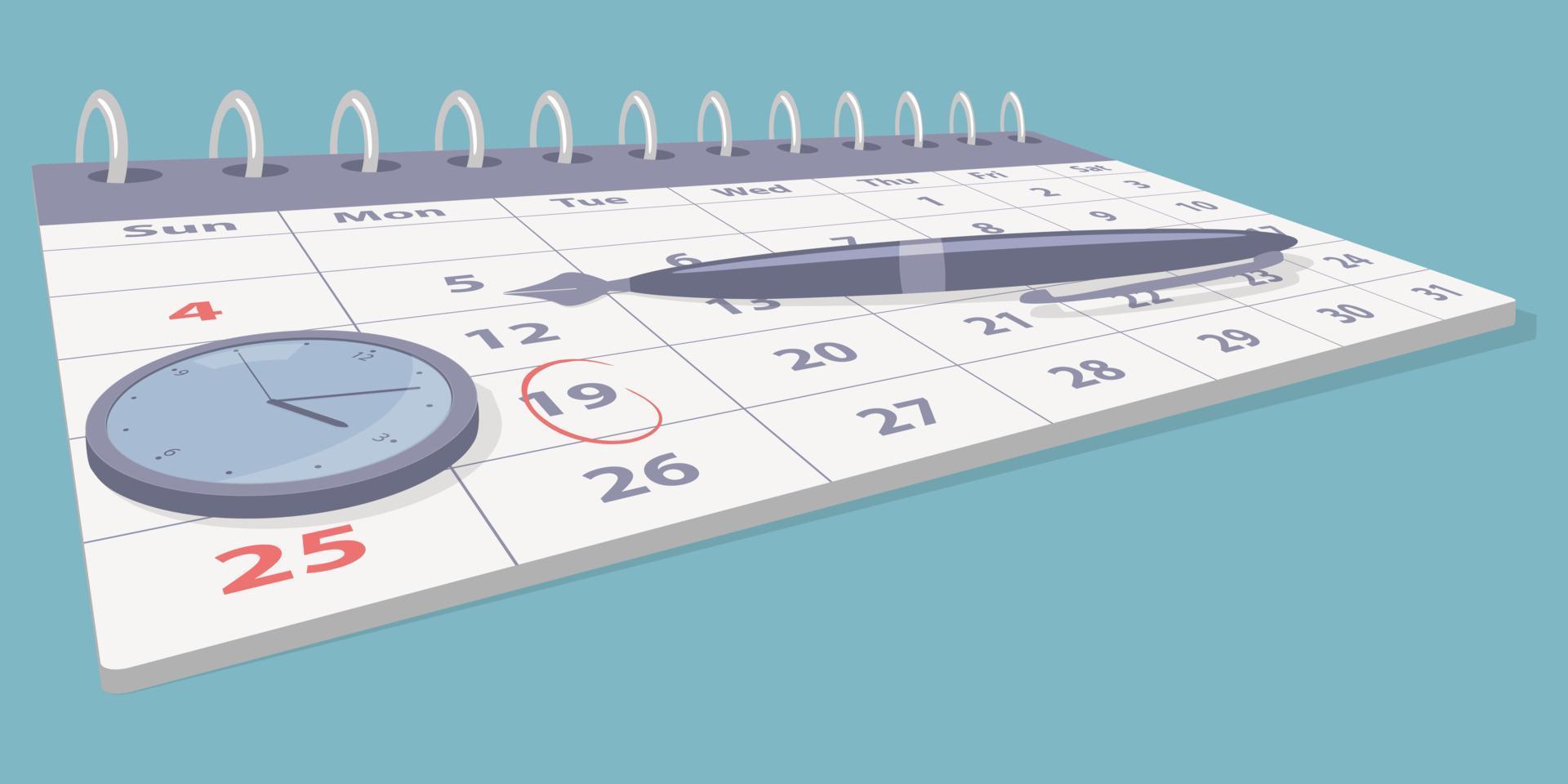 pluma estilográfica de calendario y reloj.fecha límite y programación de tareas.cálculo de los días restantes.ilustración vectorial plana. vector