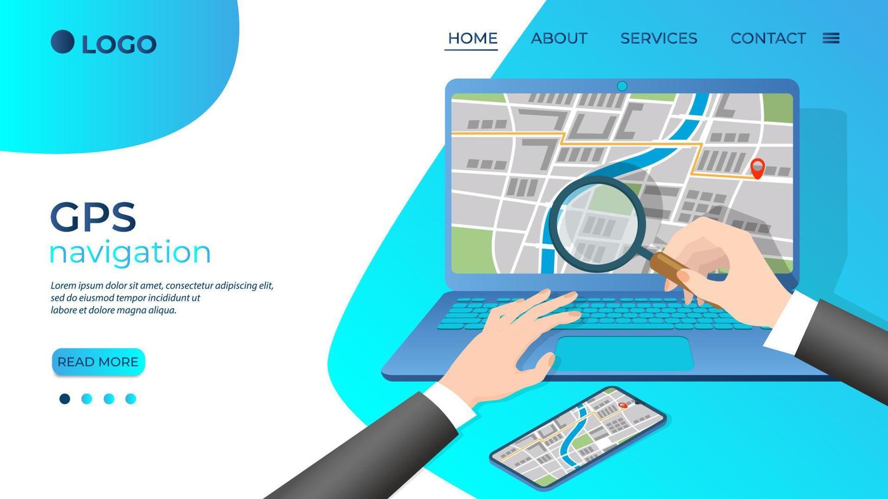 GPS navigation.A person is studying navigation maps on a laptop screen.Modern technologies in cartography and navigation.Flat vector illustration.The template of the landing page.