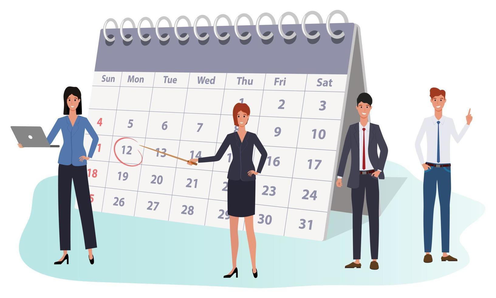 fecha límite y administración del tiempo. las personas asignan tareas con una fecha límite dedicada al calendario. personas en el fondo de un calendario grande. ilustración vectorial plana aislada en un fondo blanco. vector