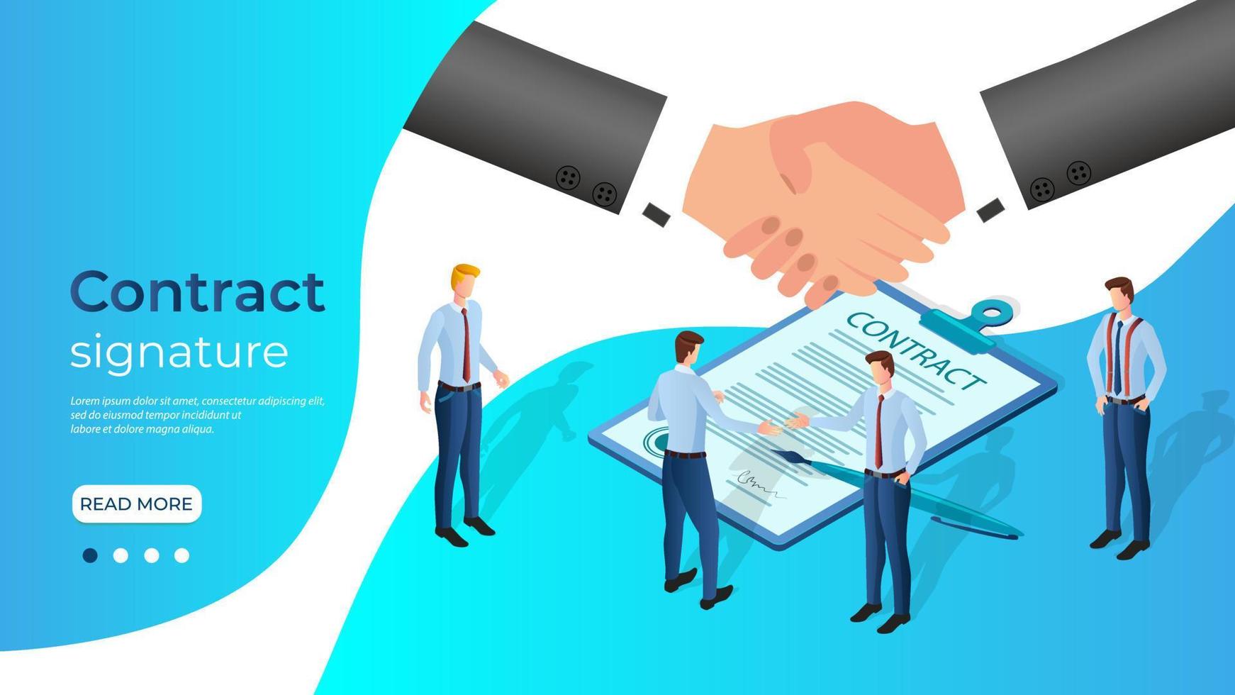 Contract signature.Businessmen sign a contract.Handshake.Two businessmen shake hands at the signing of the contract.The concept of contractual transactions and partnerships.Isometric vector