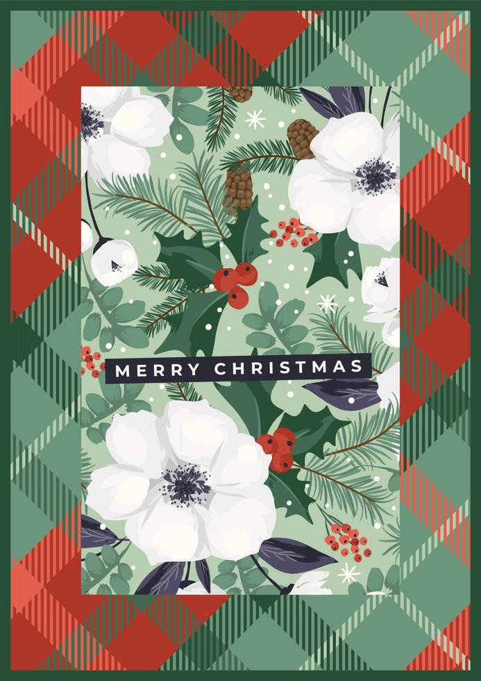 Christmas and Happy New Year illustration with Christmas tree and white flowers. Vector design template.