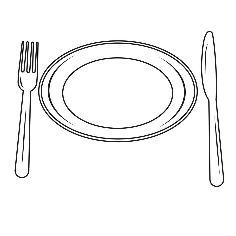 tenedor de cubiertos y cuchillo y plato, ilustración aislada en color, garabato de contorno negro vector