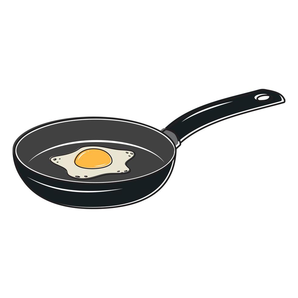 Fried egg in a black frying pan, color vector illustration