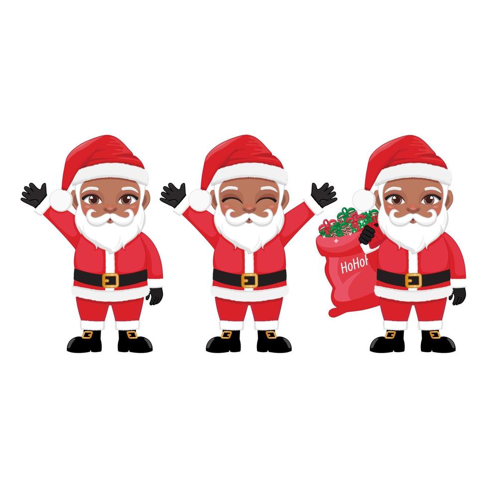 conjunto de vector de santa claus negro aislado sobre fondo blanco. lindo personaje de dibujos animados afro santa con regalo, bolsa con regalos, saludando y saludando para tarjetas de navidad, pancartas, etiquetas y etiquetas.