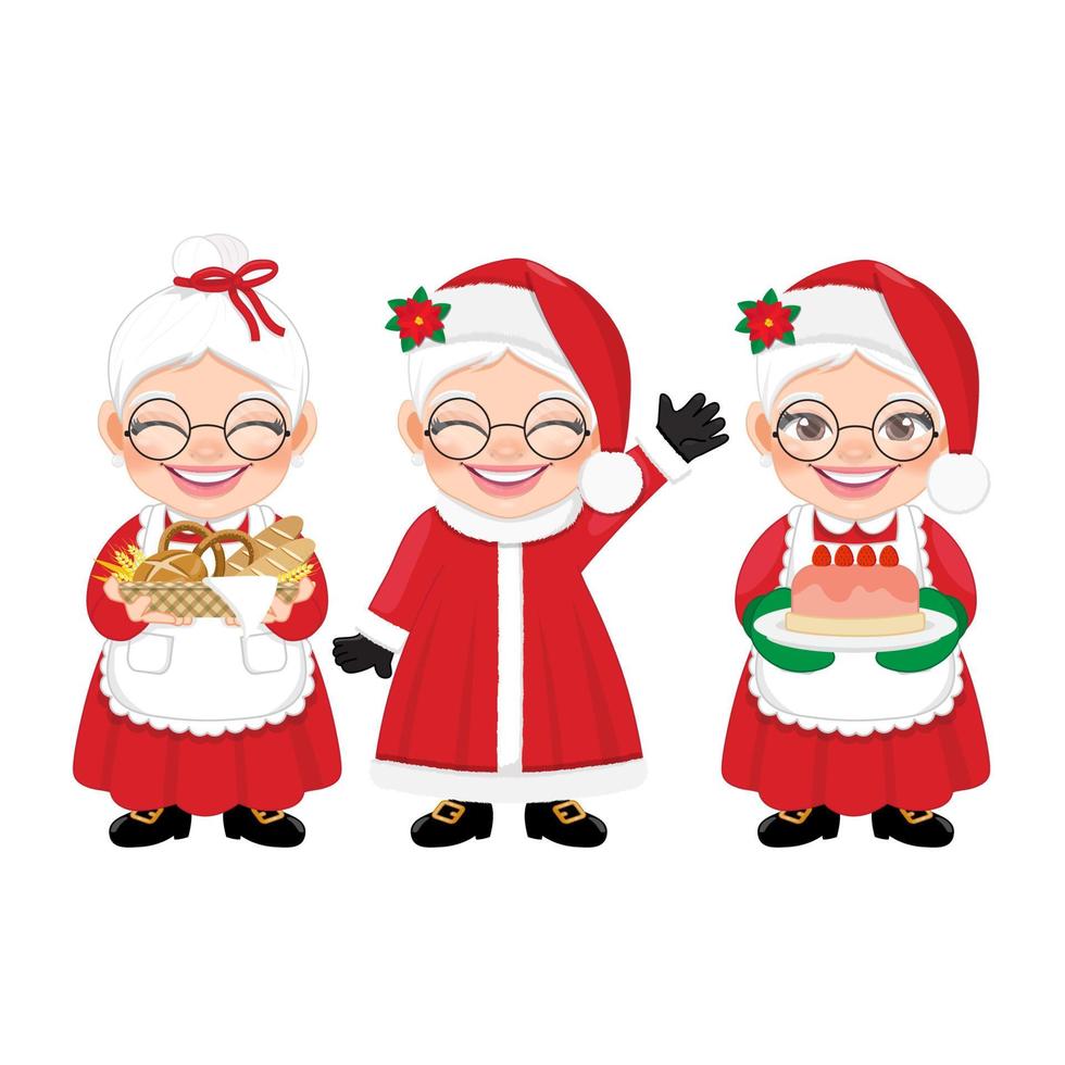 Set of Mrs.Claus Vector isolated on white background. Cute Santa Wife Cartoon Character with cake, holding bakery basket, waving and greeting. For Christmas cards, banners, tags and labels.