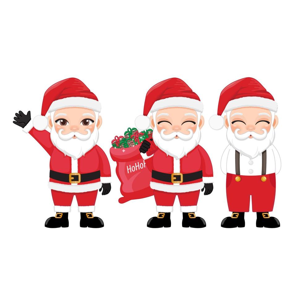 Set of Santa Claus Vector isolated on white background. Cute Santa Cartoon Character with gift, bag with presents, waving and greeting, Casual Santa. For Christmas cards, banners, tags and labels.