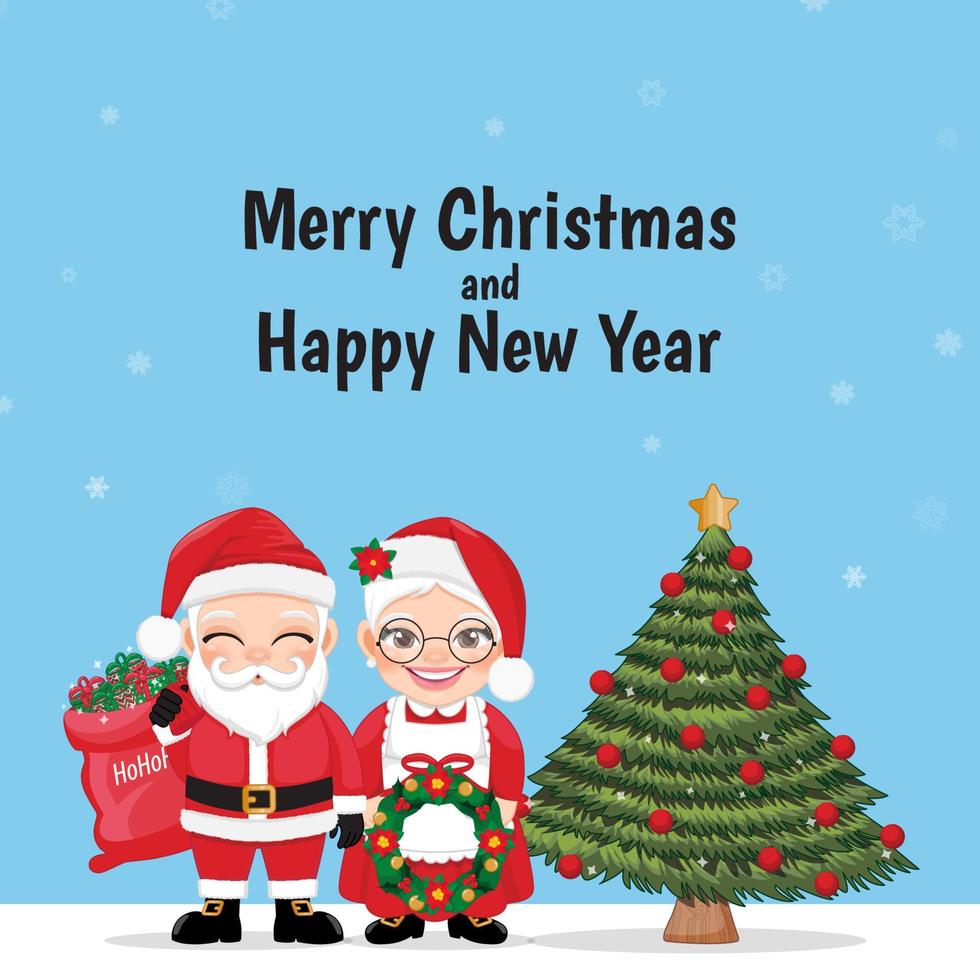 feliz navidad y feliz año nuevo fondo con santa claus sosteniendo una bolsa de caja de regalo y su esposa sosteniendo un vector de diseño de personajes de dibujos animados de corona de navidad