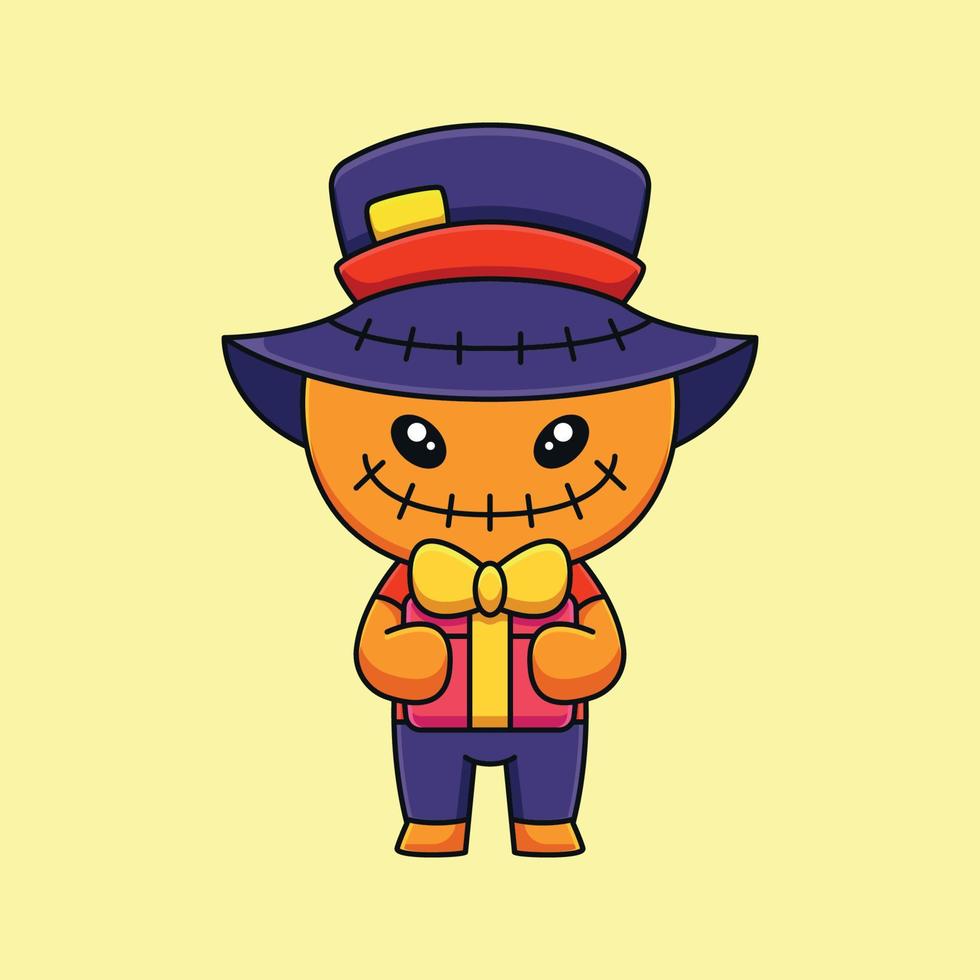 lindo cumpleaños espantapájaros halloween dibujos animados mascota garabato arte dibujado a mano concepto vector kawaii icono ilustración