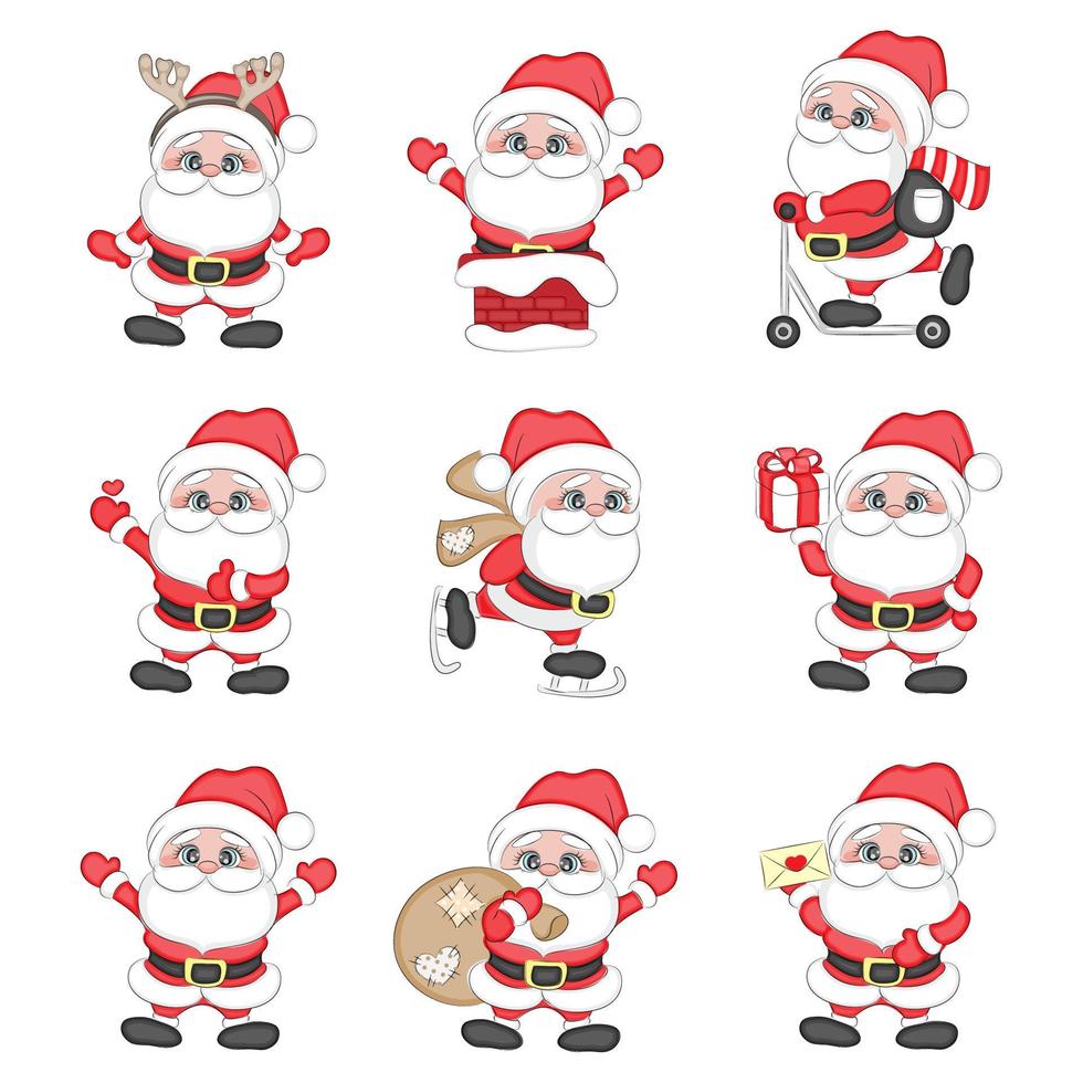 Set of cute cartoon Santa Clauses, vector illustration