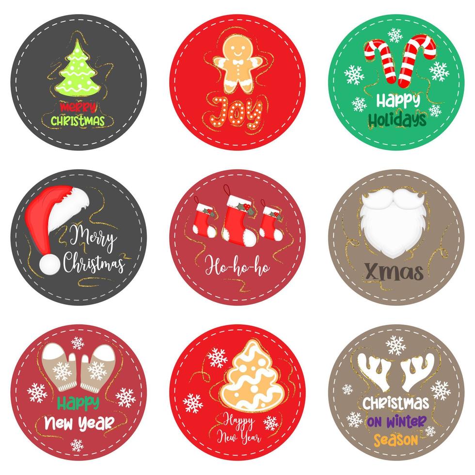 conjunto de pegatinas navideñas, etiquetas o tarjetas de felicitación, ilustración vectorial vector