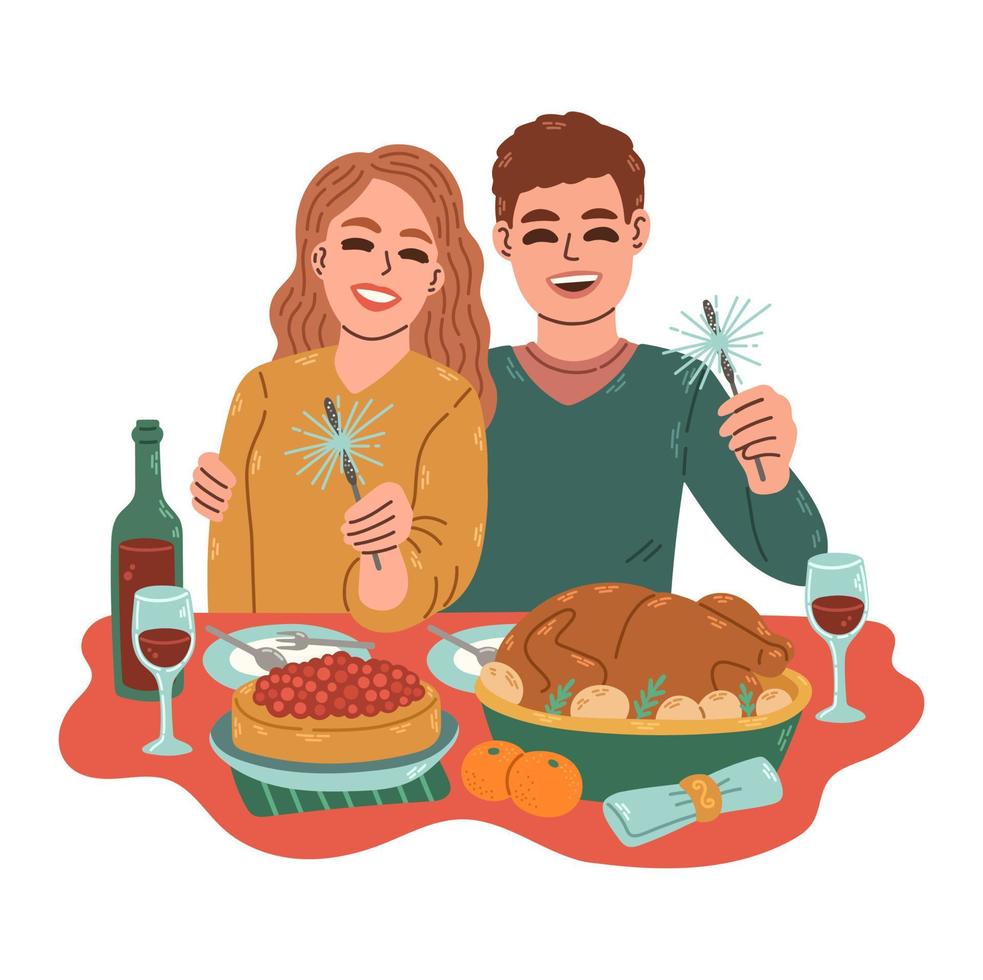 cena de Navidad. familia de dos con vino tinto bengalas en la cena de navidad en casa. hombre y mujer celebrando juntos. ilustración vectorial vector