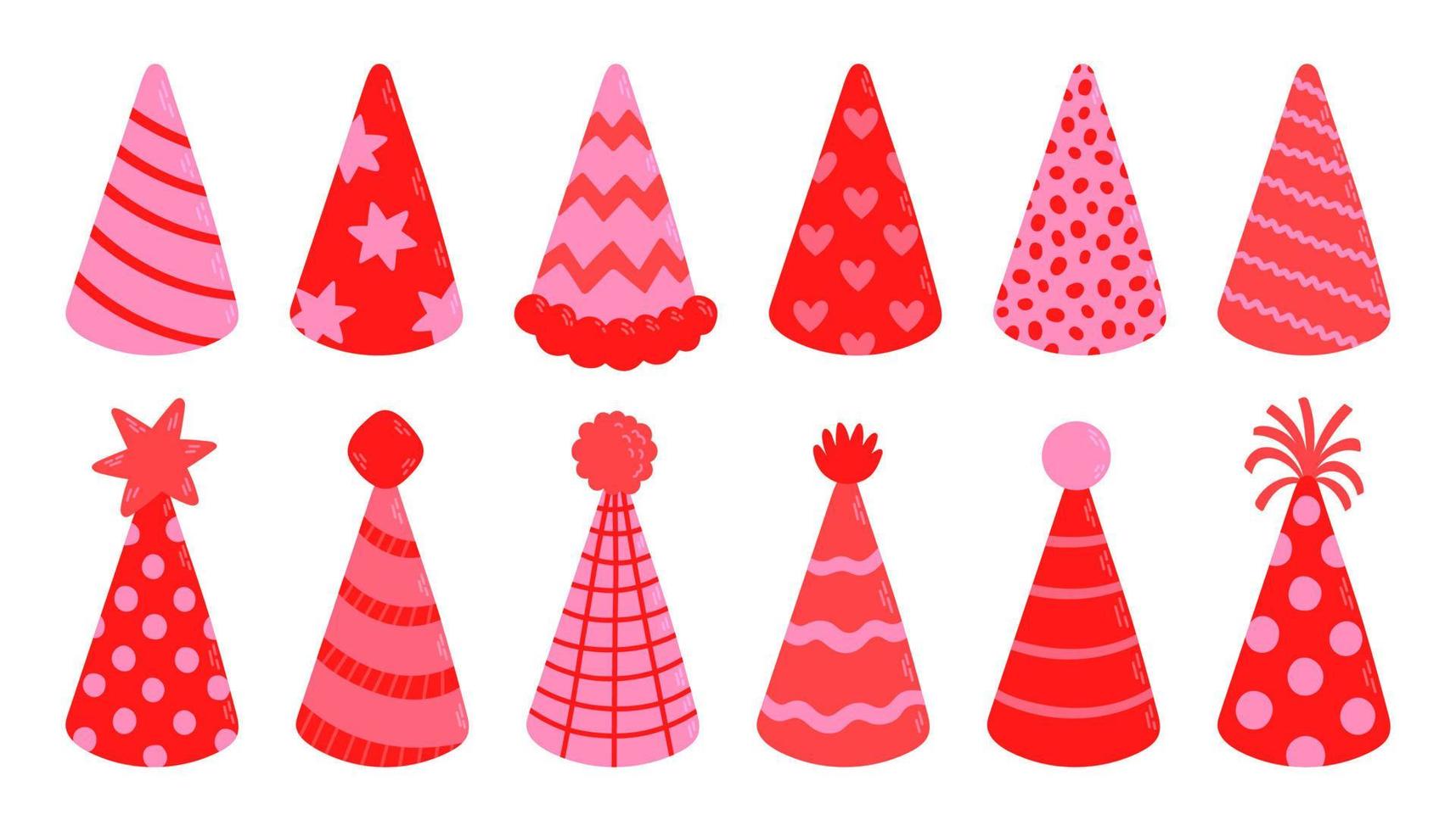 Birthday party hats set, pink color different shapes. Vector illustration