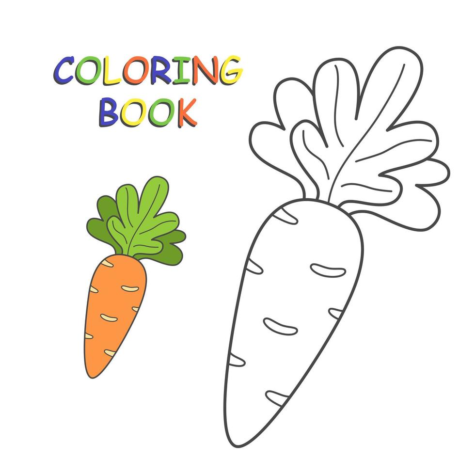 libro para colorear de zanahoria para niños. página para colorear con lindo vegetal de dibujos animados. ilustración vectorial vector