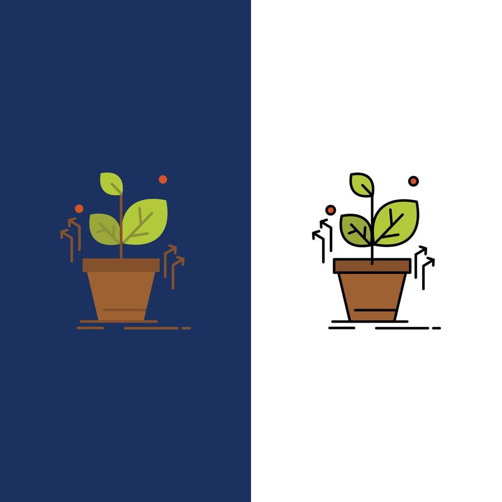 planta crecer crecer iconos de éxito plano y lleno de línea conjunto de iconos vector fondo azul