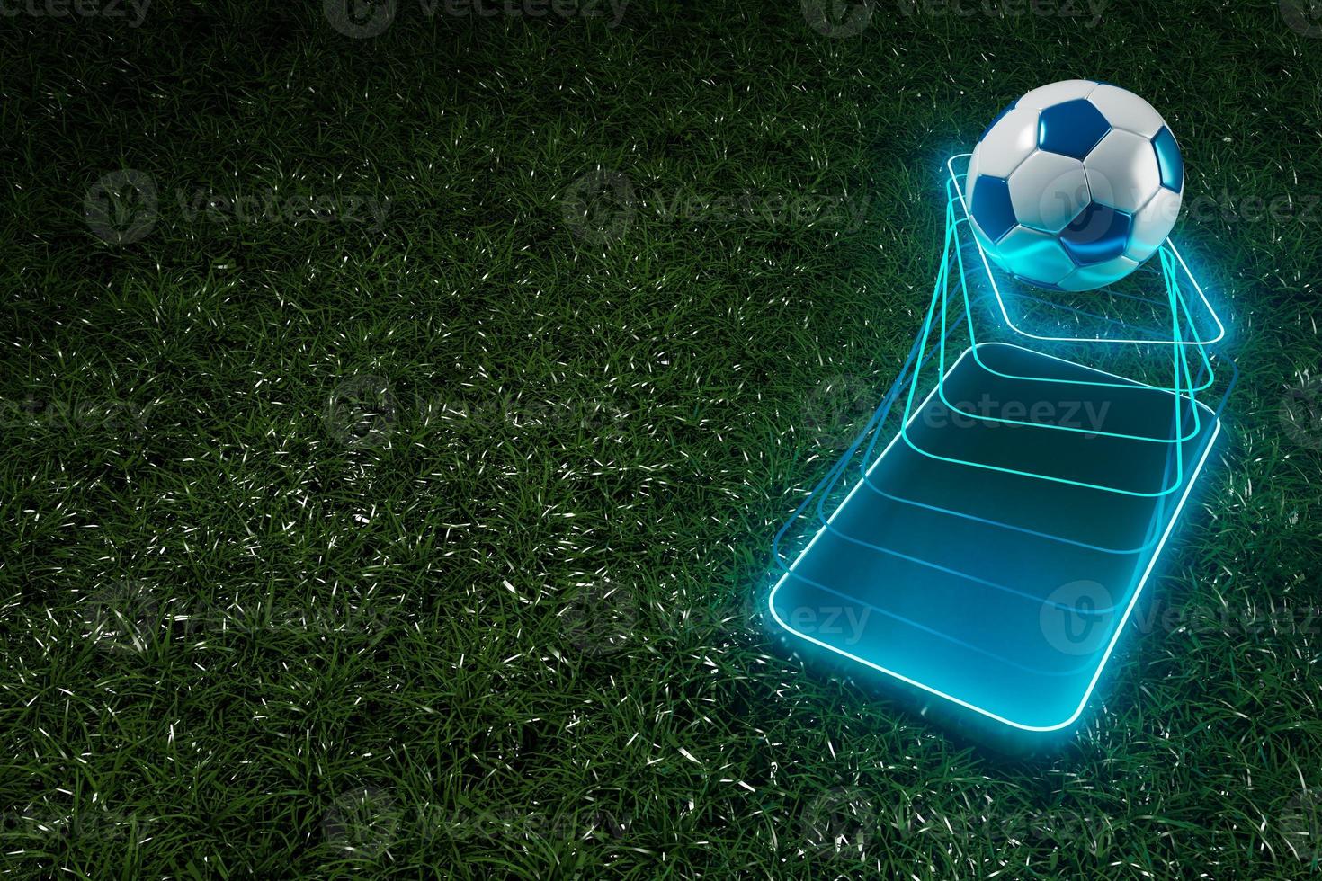 objeto de pelotas de fútbol, diseño de pelotas deportivas, concepto de elemento de fútbol, ilustración 3d, tecnología de fútbol abstracta, pantalla móvil de smartphone, campo de hierba verde, deporte en línea en vivo, negocio de deportes de casino foto