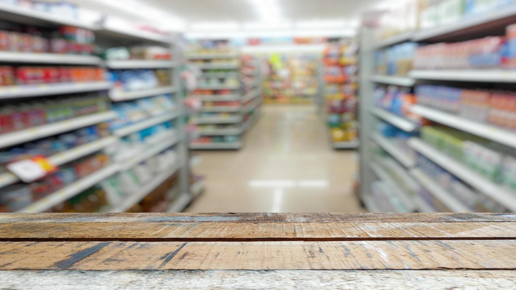 old brown wooden table  supermarket shopping mall blur background photo