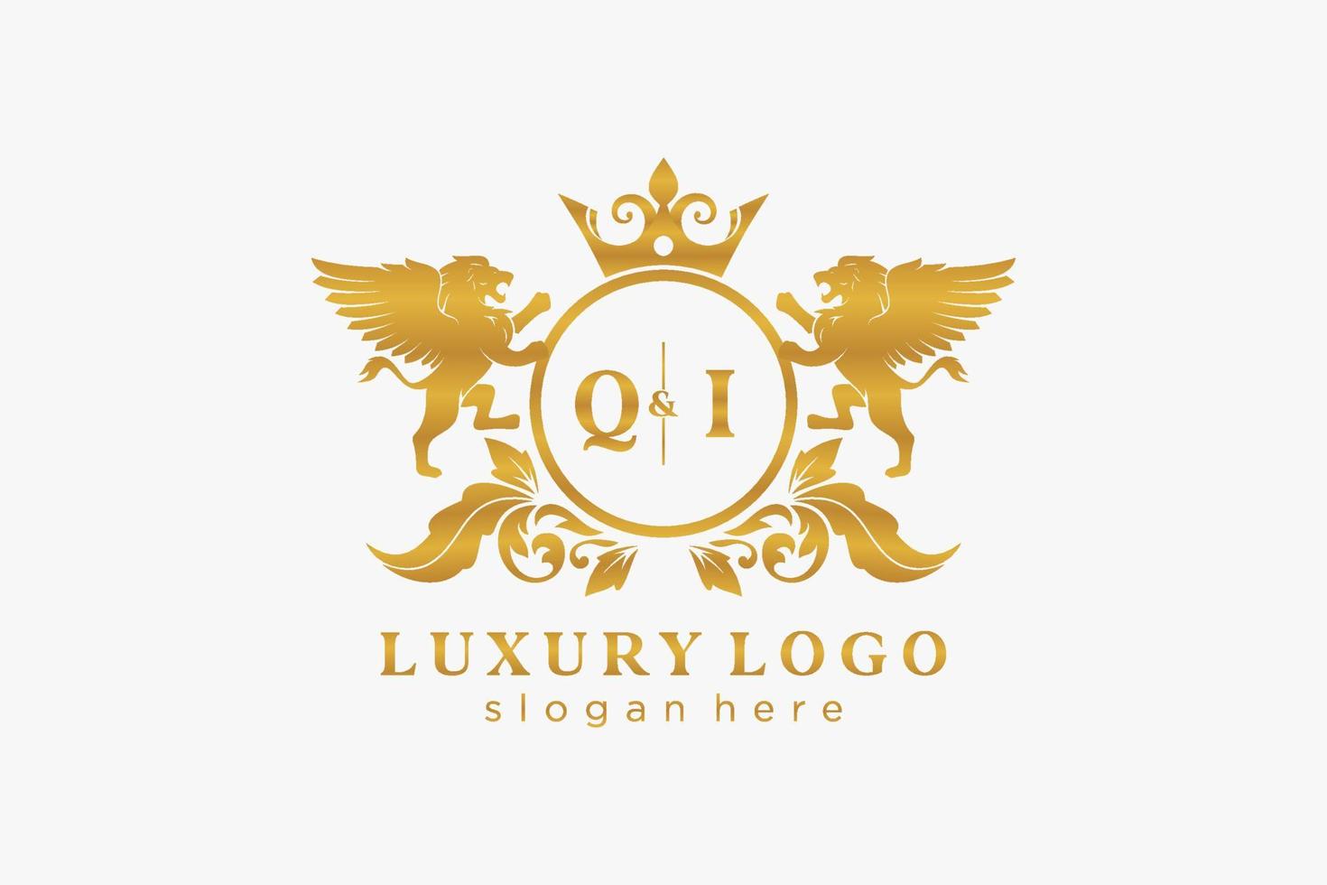 Initial QI Letter Lion Royal Luxury Logo template in vector art for Restaurant, Royalty, Boutique, Cafe, Hotel, Heraldic, Jewelry, Fashion and other vector illustration.