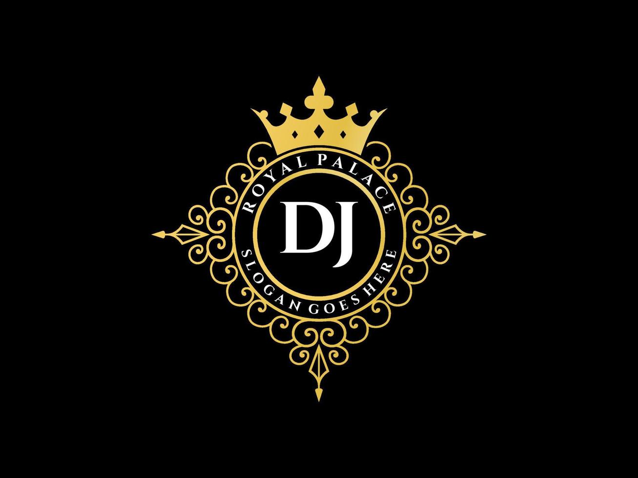 Letter DJ Antique royal luxury victorian logo with ornamental frame. vector