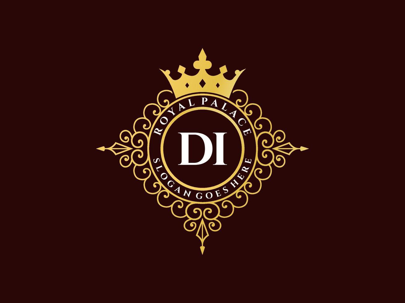 Letter DI Antique royal luxury victorian logo with ornamental frame. vector