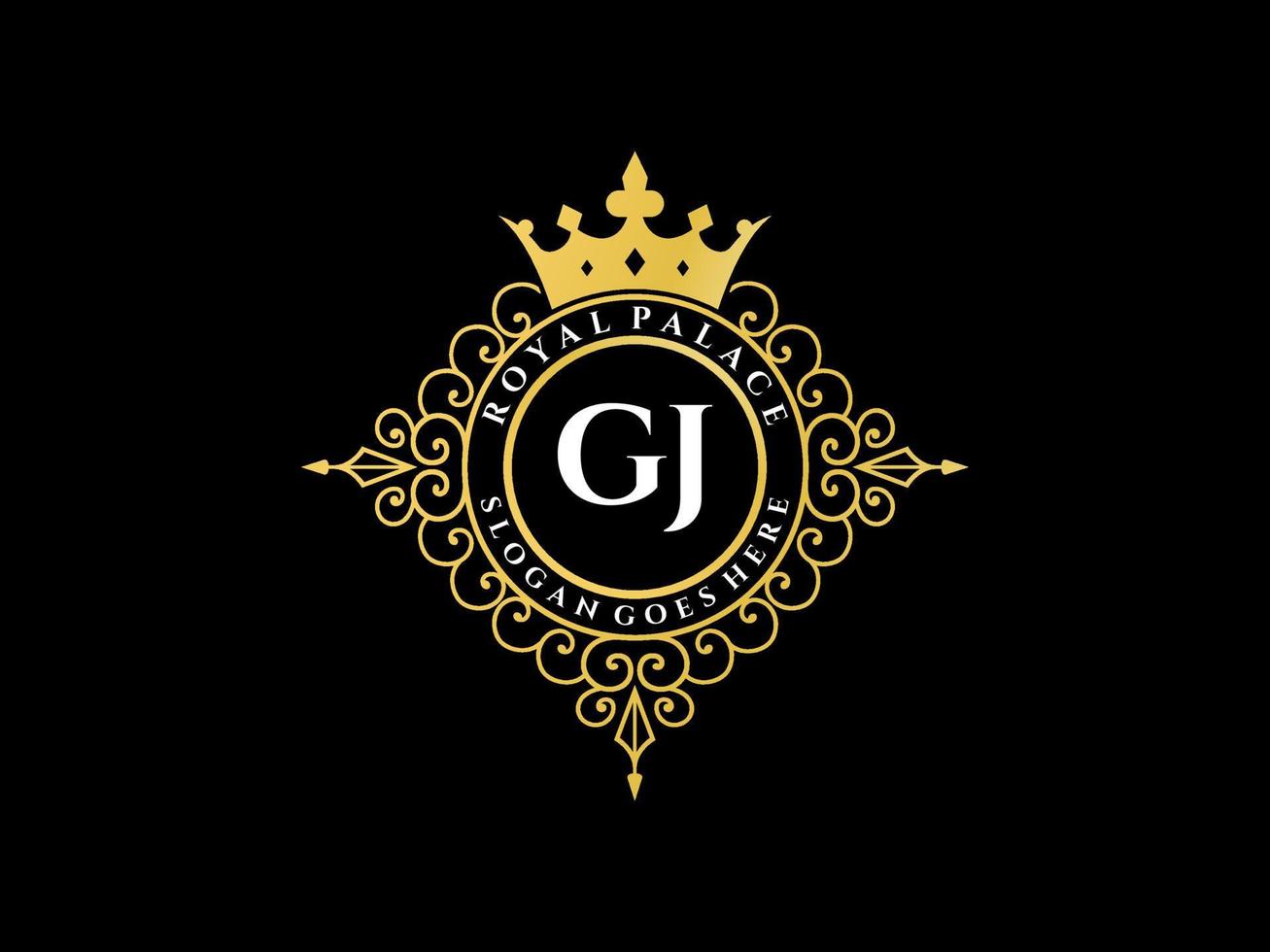 Letter GJ Antique royal luxury victorian logo with ornamental frame. vector