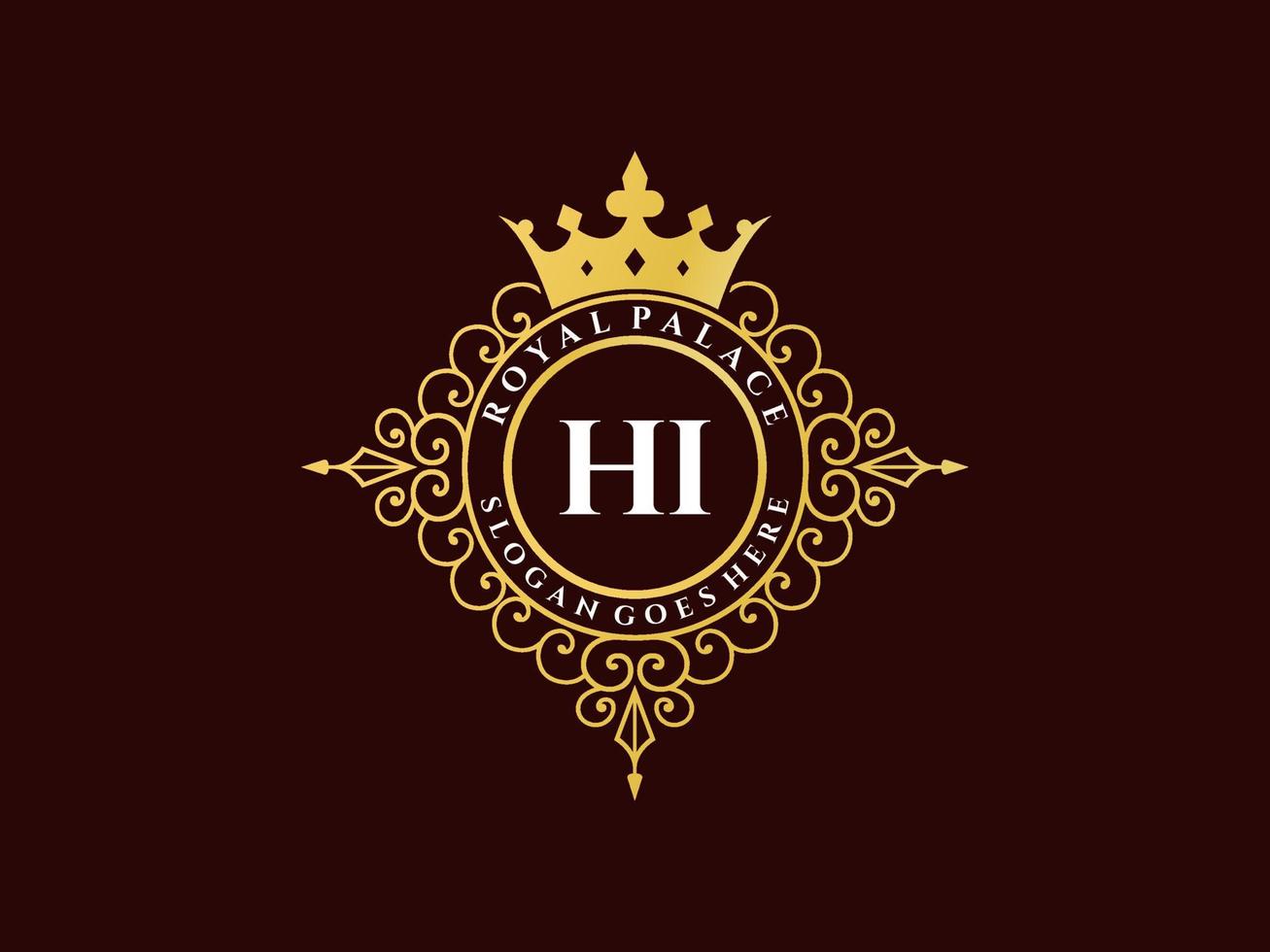 Letter HI Antique royal luxury victorian logo with ornamental frame. vector