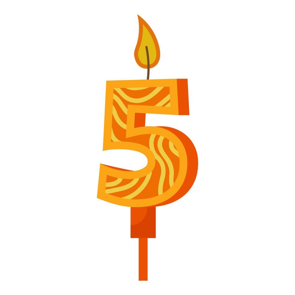 Birthday candles with numbers five and fire. Colored icon for anniversary or party celebration. Holiday candlelight with wax and funny cartoon candle for cake. Vector illustration