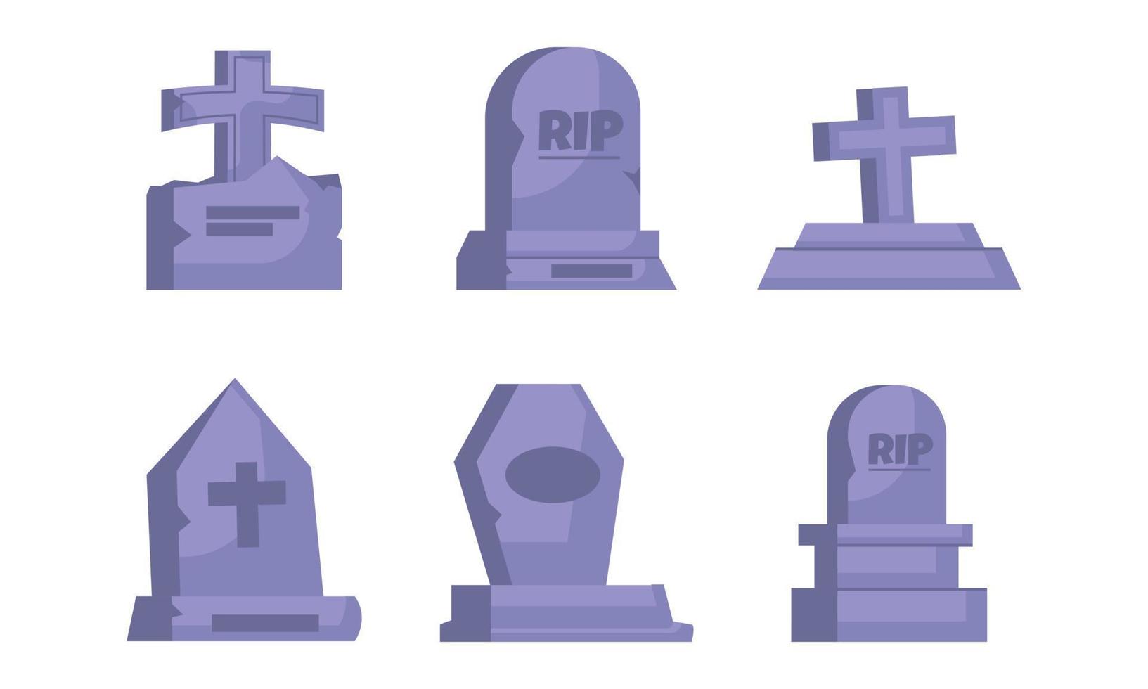 establecer lápidas de dibujos animados de iconos o lápidas para la tumba. colección de lápidas de muerte para cementerio y símbolo muerto. tumba de halloween o entierro aterrador. cripta o rasgadura de elementos antiguos e ingeniosa ilustración vectorial vector