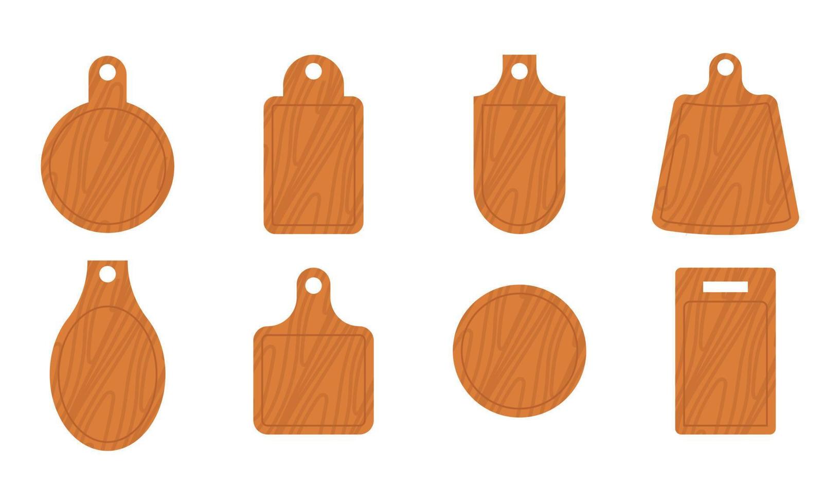 Set cartoon wooden pizza board. Restaurant empty utensil for food and chop board for kitchen icon isolated white. Handles plank tray for cutting and cooking. Textured hardboard vector illustration