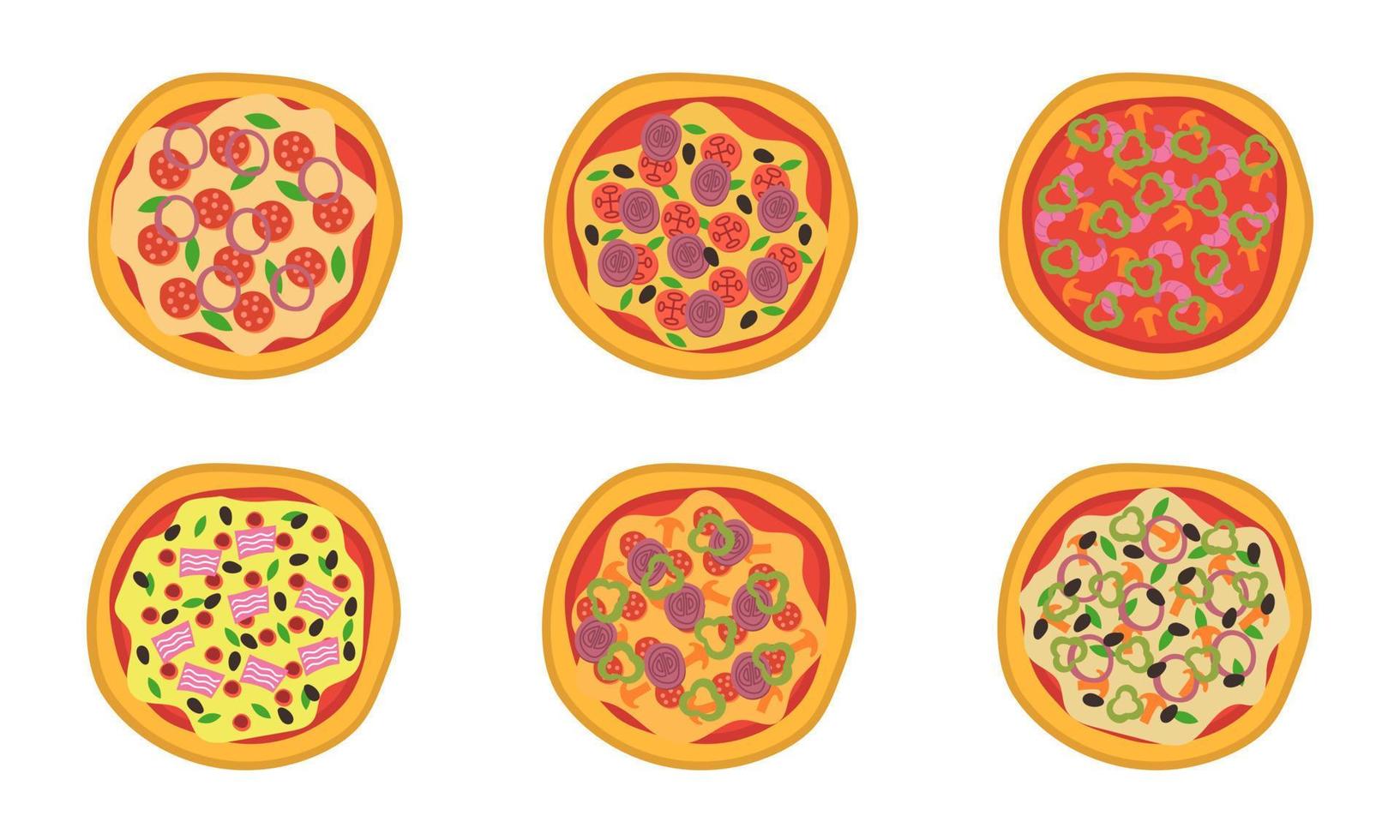 Pizza top view icons set. Italian food with tomato and cheese isolated on white background. Delicious menu for a restaurant with cheese , mushrooms and meat ingredients. Round food vector illustration