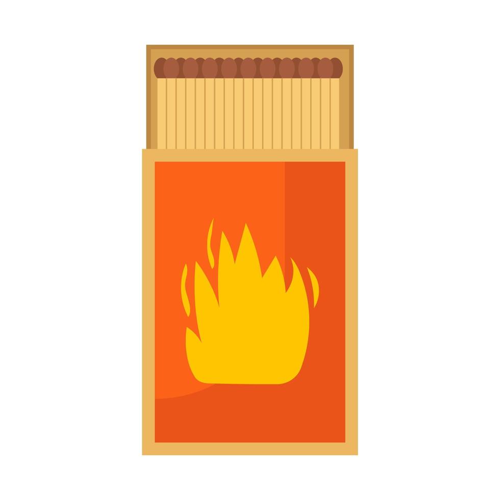 Matchbox vector illustration icon isolated white background. Match box with wooden stick and fire. Wooden danger flammable and symbol igniting. Household object and matchbook cardboard cartoon