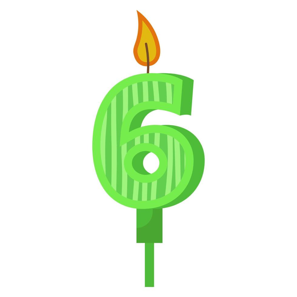 Birthday candles with numbers six and fire. Colored icon for anniversary or party celebration. Holiday candlelight with wax and funny cartoon candle for cake. Vector illustration