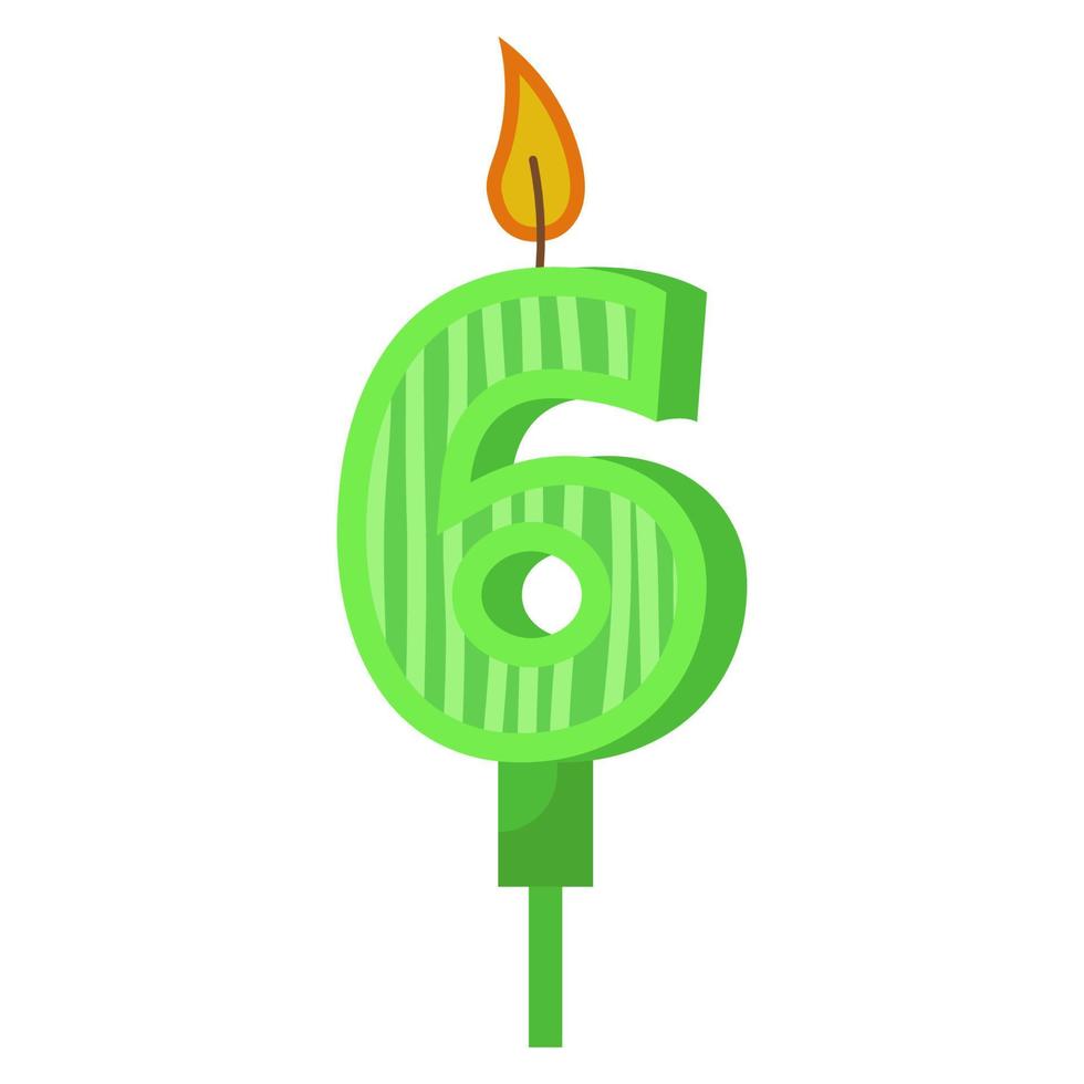 velas de cumpleaños con números seis y fuego. icono de color para celebración de aniversario o fiesta. velas navideñas con cera y divertidas velas de dibujos animados para pastel. ilustración vectorial vector