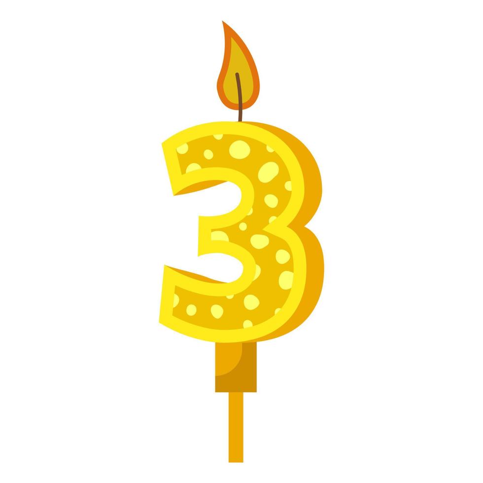 Birthday candles with numbers three and fire. Colored icon for anniversary or party celebration. Holiday candlelight with wax and funny cartoon candle for cake. Vector illustration