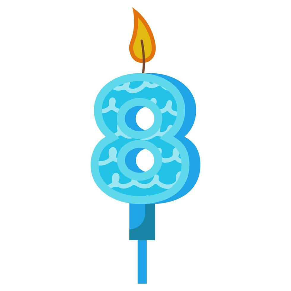 Birthday candles with numbers eight and fire. Colored icon for anniversary or party celebration. Holiday candlelight with wax and funny cartoon candle for cake. Vector illustration