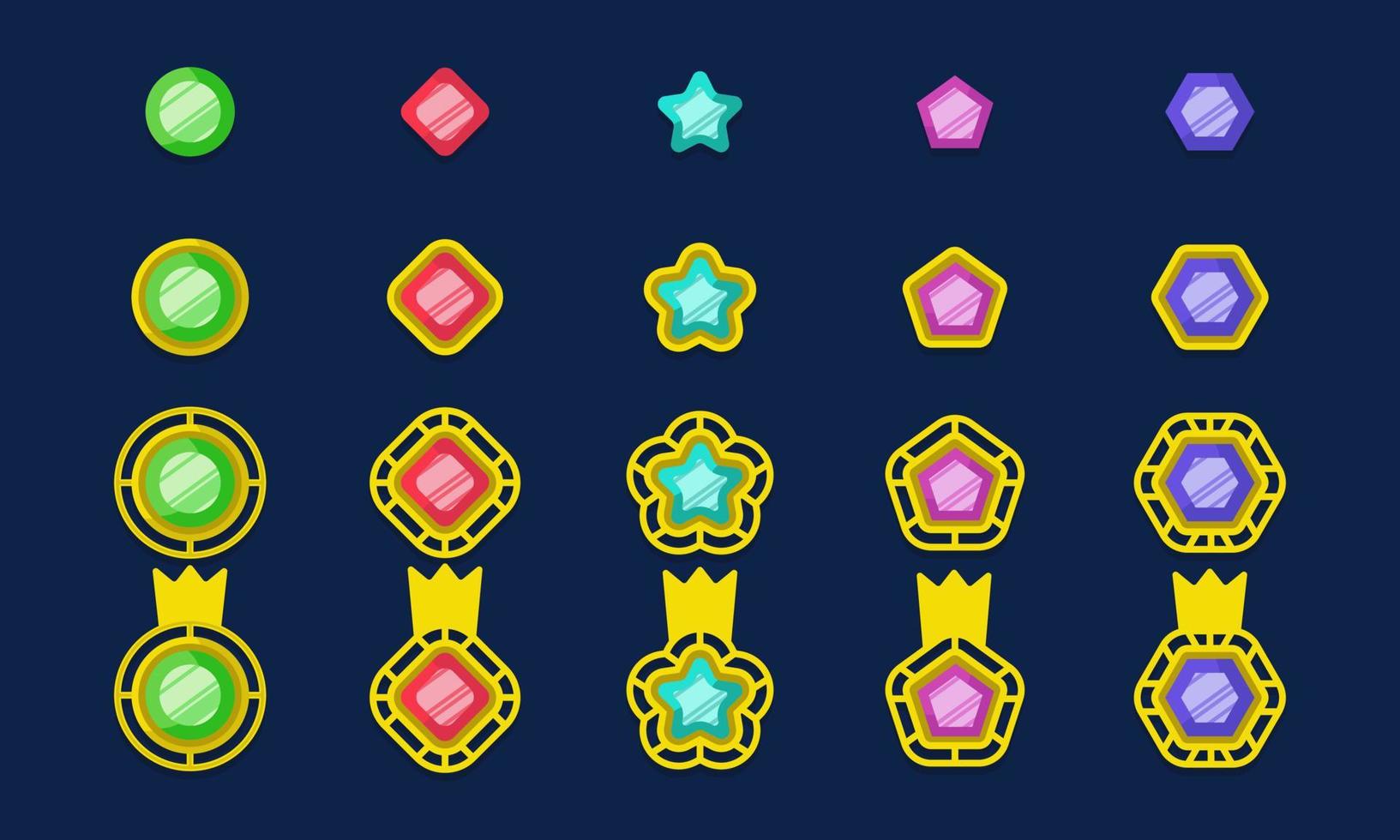 conjunto de progreso de gemas de juego e icono de interfaz gráfica de usuario de dibujos animados. amuleto de premio de nivel de colección e interfaz de activos. insignia de logro de joyería y ficha de diamante con corona. ilustración de vector de trofeo precioso de dibujos animados